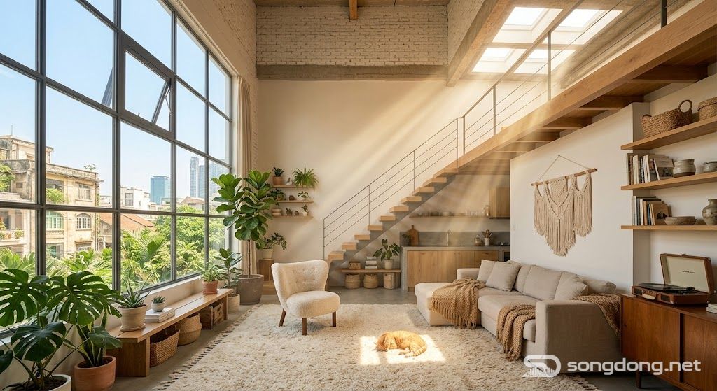 Căn hộ Sunlight loft, phòng sáng sủa ấm cúng, nội thất ánh sáng tự nhiên thẩm mỹ