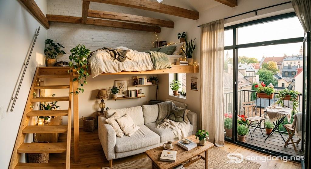 Căn hộ gác xép nhỏ có ban công, đón nắng sớm ấm cúng, thiết kế phòng thẩm mỹ