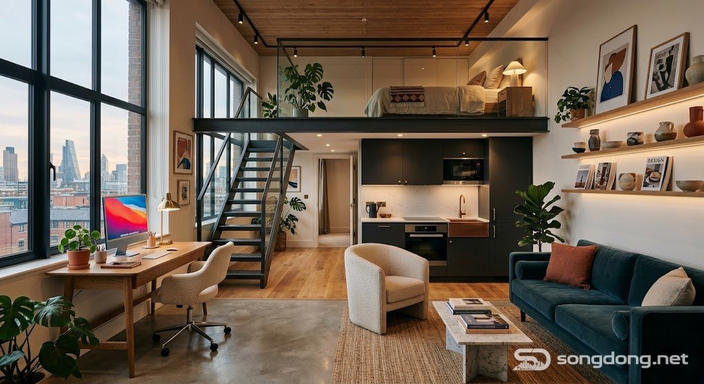 Căn hộ studio gác xép hiện đại, thiết kế nhỏ gọn sang trọng, không gian làm việc ấm cúng, nội thất thẩm mỹ