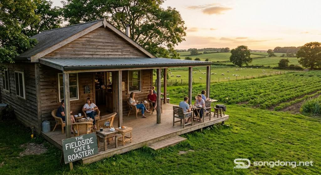 Farmstay coffee shop in countryside, wooden cabin cafe, green rice fields