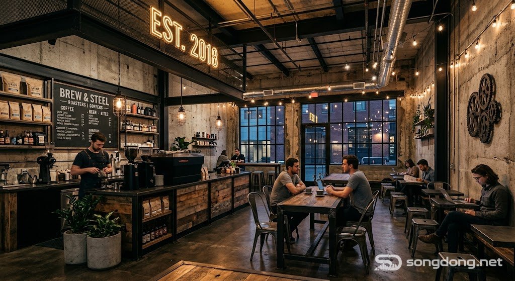 Industrial loft coffee shop, exposed concrete walls, black steel furniture