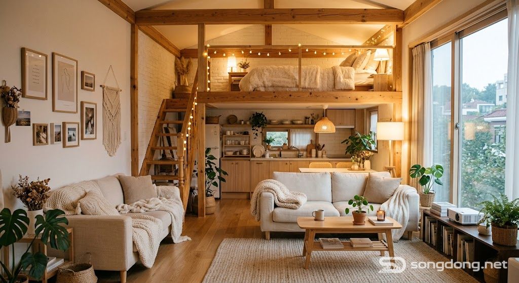 Phòng gác xép ấm cúng kiểu Hàn Quốc, ánh sáng dịu nhẹ, tông màu kem, thiết kế căn hộ thẩm mỹ