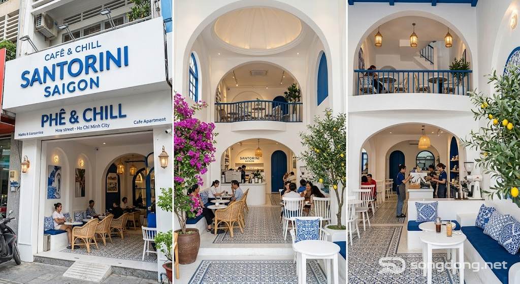 Quán cà phê Địa Trung Hải, phong cách Santorini, trang trí màu trắng và xanh