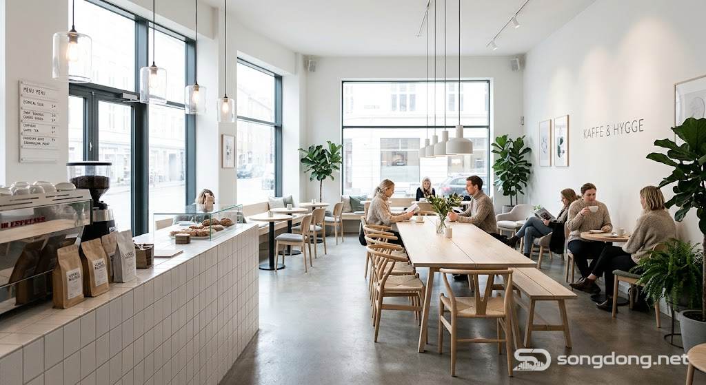 Quán cà phê Scandinavia, nội thất gỗ sáng màu, phong cách Bắc Âu tối giản, ánh sáng tự nhiên