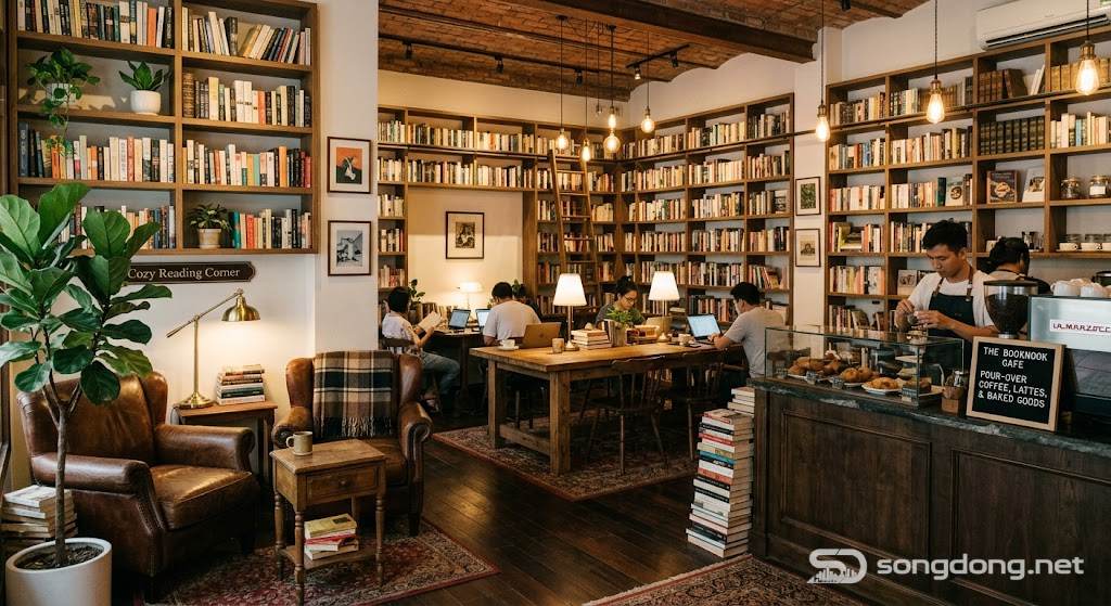 Quán cà phê có thư viện, giá sách, góc đọc sách ấm cúng, ánh sáng ấm áp, cafe không gian làm việc yên tĩnh