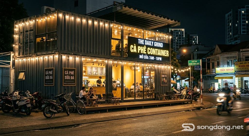 Quán cà phê container hiện đại, ánh đèn xung quanh ấm áp