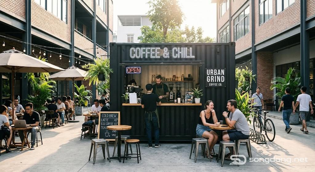 Quán cà phê container nhỏ, quán cà phê ngoài trời thời thượng, quán cà phê mini công nghiệp