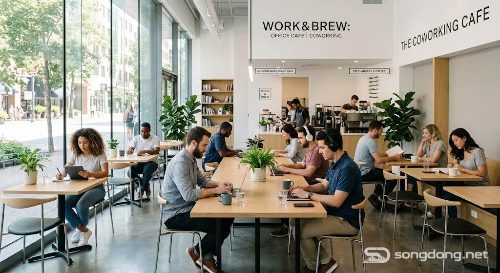 Quán cà phê coworking, không gian làm việc hiện đại dành cho freelancer làm việc