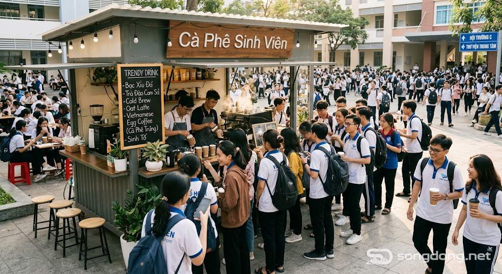 Quán cà phê mang đi của trường đại học sầm uất