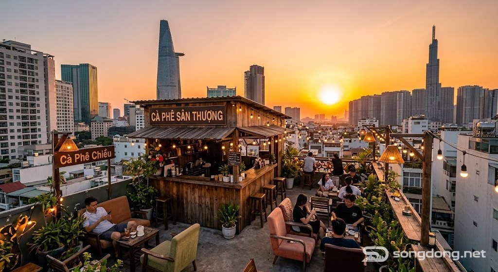 Quán cà phê mini trên sân thượng, không khí hoàng hôn, ánh đèn ấm áp, phong cách đô thị ấm cúng