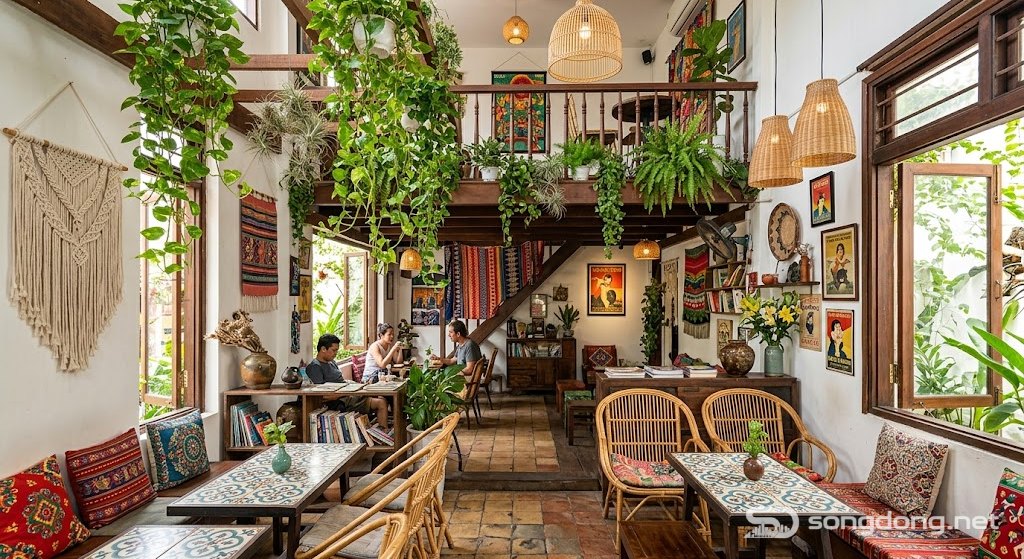Quán cà phê nghệ thuật boho, trang trí đầy màu sắc, cây treo, không khí ấm cúng