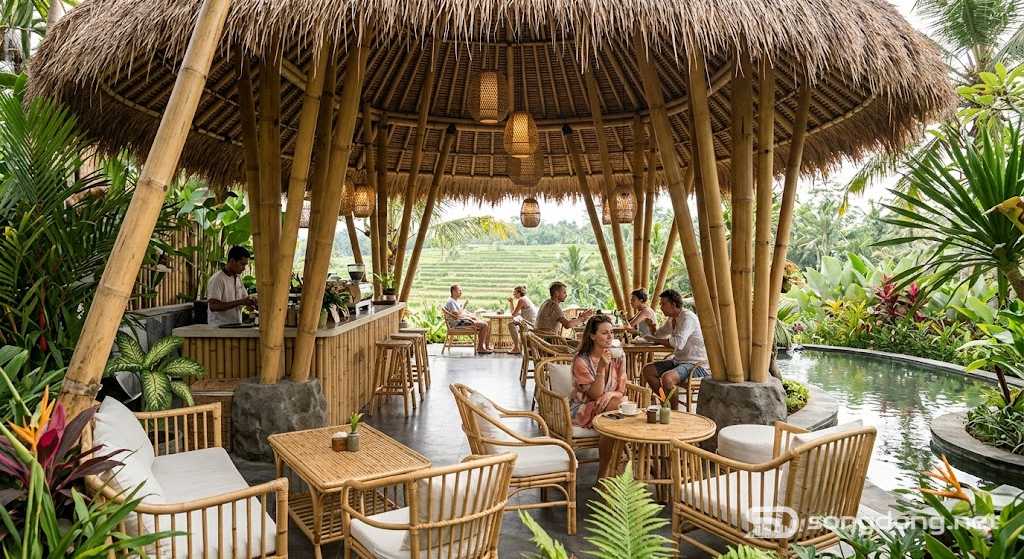Quán cà phê nhiệt đới Bali, nội thất bằng tre, cây nhiệt đới, phong cách nghỉ dưỡng, không khí thư giãn