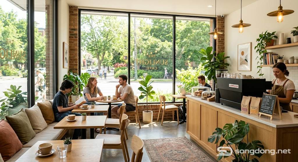 Quán cà phê nhỏ hiện đại với cửa sổ kính lớn, quán cà phê đón nắng, nội thất thẩm mỹ, không gian ấm cúng