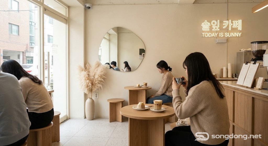Quán cà phê nhỏ phong cách hàn quốc, tông màu trắng kem