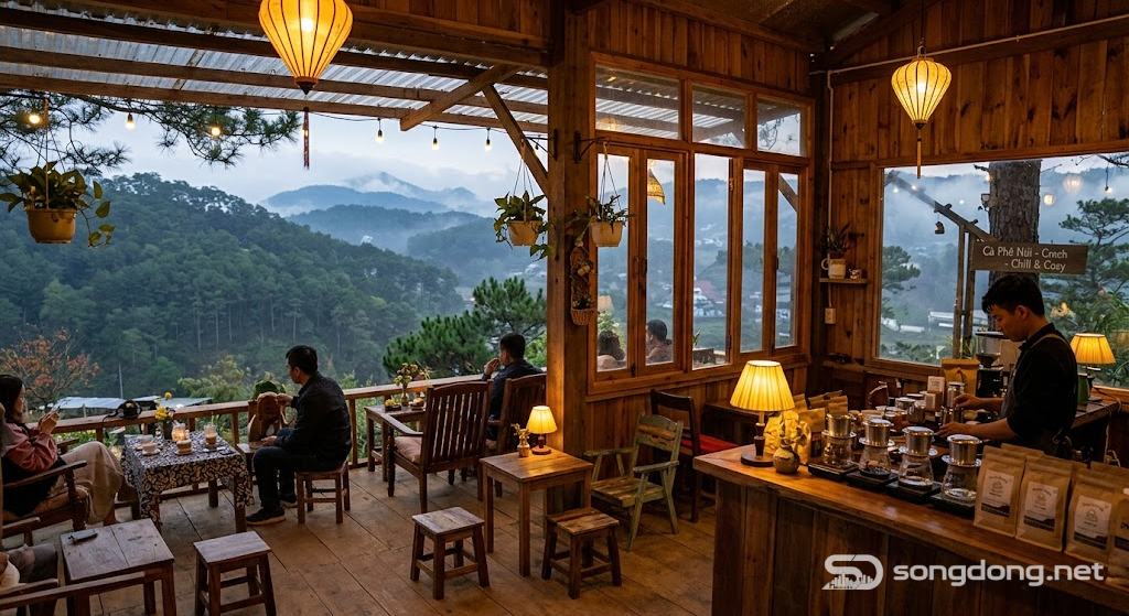 Quán cà phê phong cách Đà Lạt, núi, ánh đèn ấm áp, không khí se lạnh