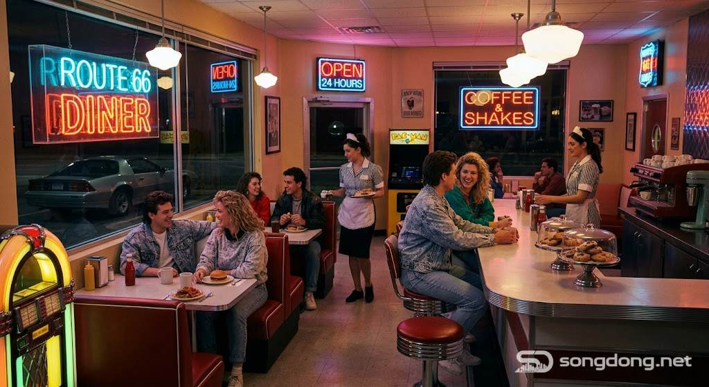 Quán cà phê quán ăn retro kiểu Mỹ, bảng hiệu neon, kiểu Mỹ cổ điển