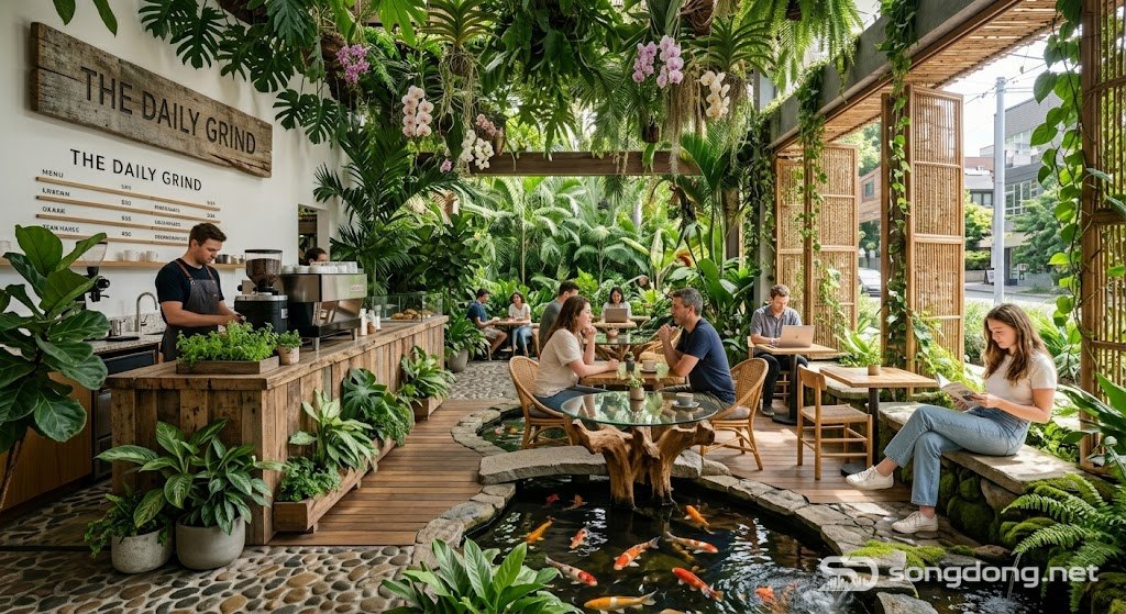 Quán cà phê sang trọng với khu vườn nhiệt đới, ao cá koi, cây xanh tươi tốt, chỗ ngồi ngoài trời, không gian quán cà phê thư giãn, kiến trúc sinh thái