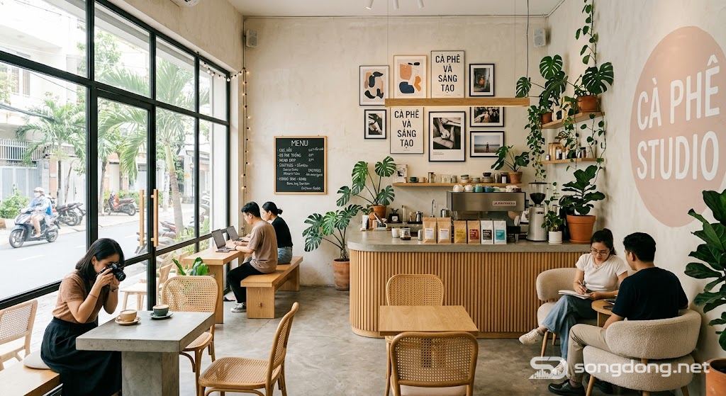 Quán cà phê studio thẩm mỹ, instagram, ánh sáng tự nhiên, nội thất thời thượng