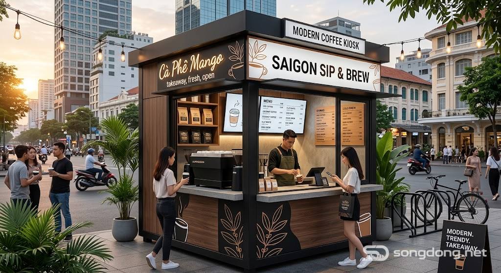 Quán cà phê takeaway hiện đại, nhỏ, phong cách, thời thượng