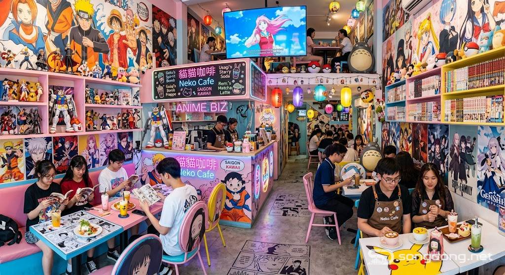 Quán cà phê theo chủ đề anime, phong cách văn hóa đại chúng Nhật Bản, nội thất đầy màu sắc