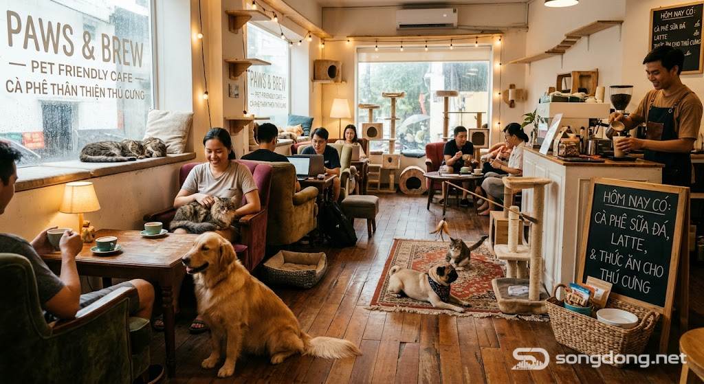 Quán cà phê thú cưng, chó mèo dễ thương, không khí ấm cúng