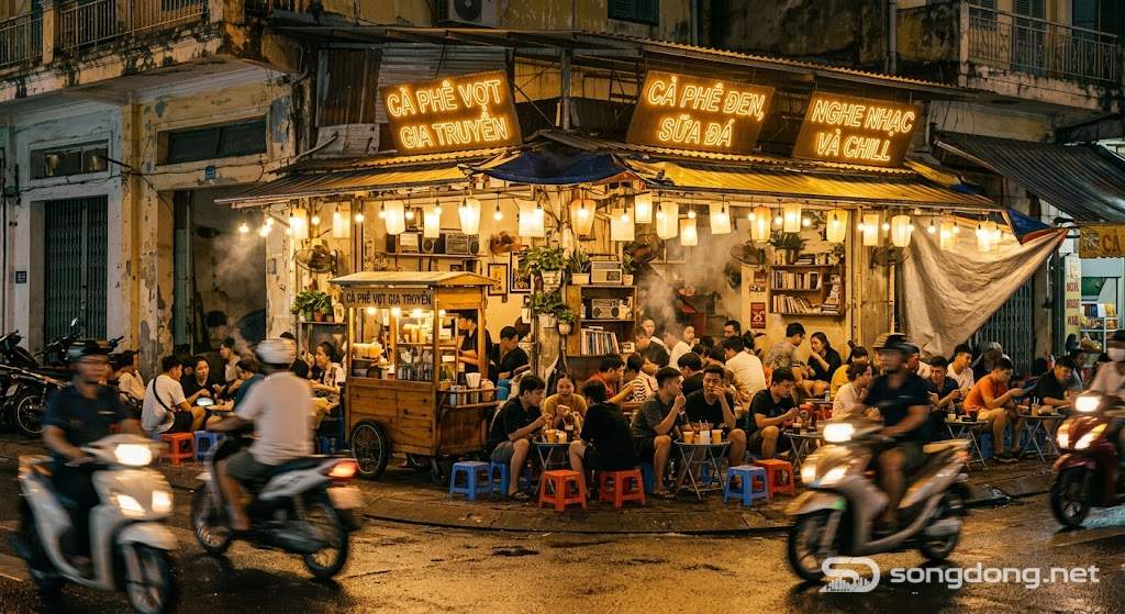 Quán cà phê ven đường đêm, ánh sáng ấm áp như rạp chiếu phim, chill đông đúc