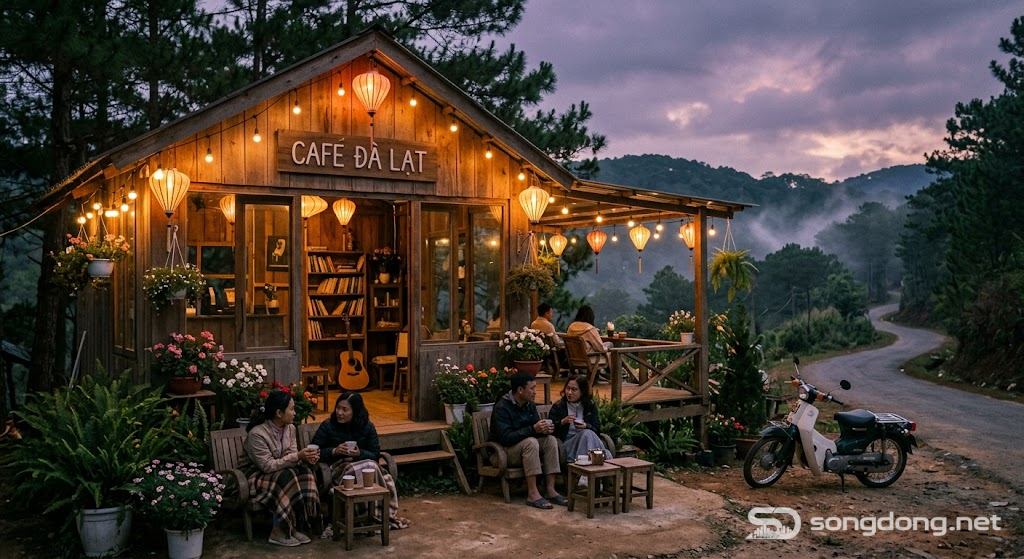 Quán cà phê ven đường phong cách Đà Lạt, ánh đèn ấm cúng, không gian cà phê chill