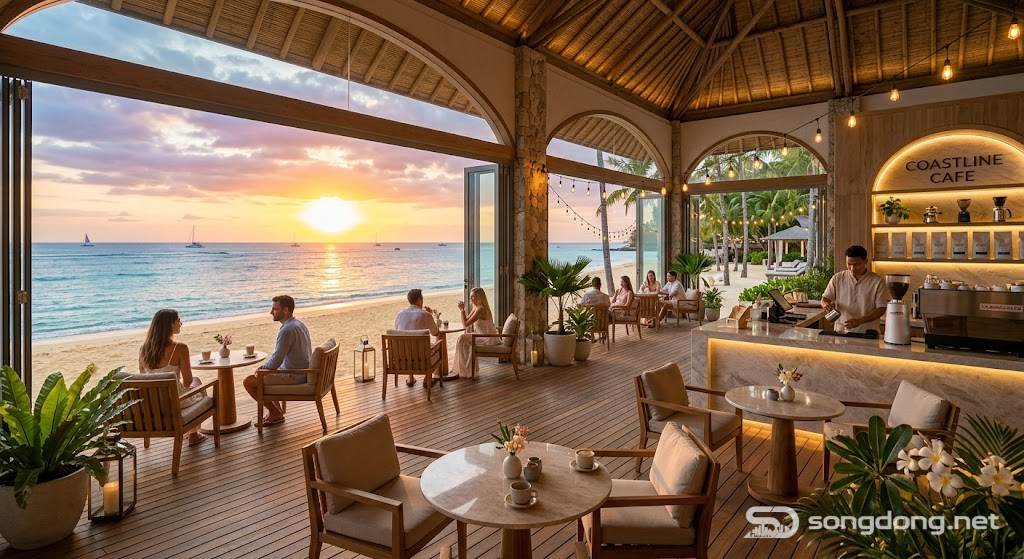 Quán cà phê view biển, bầu không khí nhiệt đới, ánh hoàng hôn