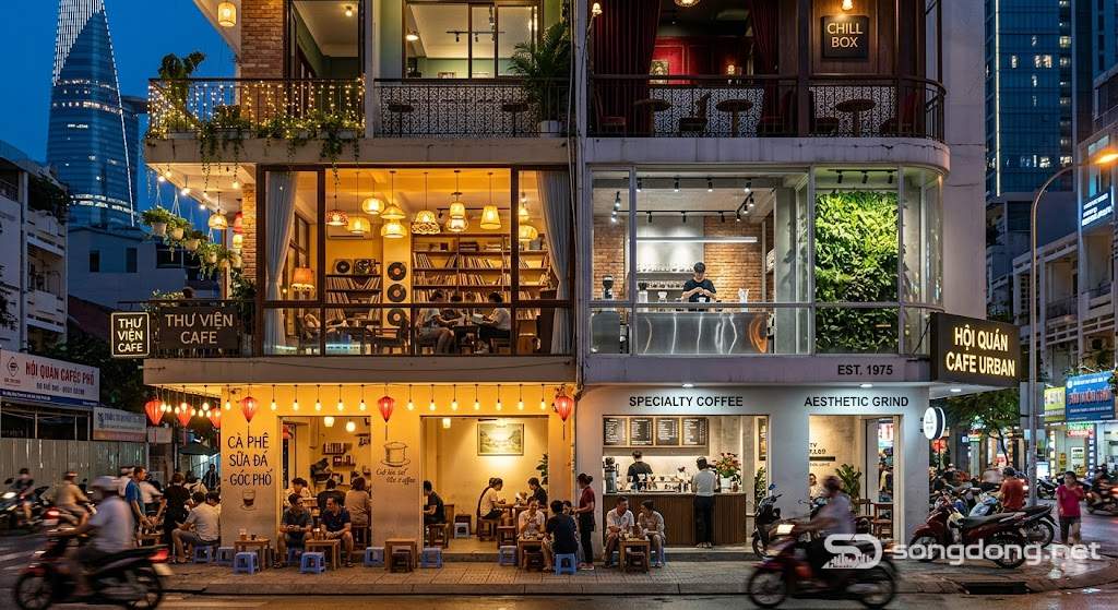 Quán cà phê view phố, không khí đô thị