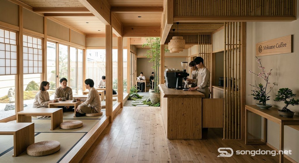 Quán cà phê zen Nhật Bản, trang trí bằng tre, nội thất bằng gỗ, không khí yên bình