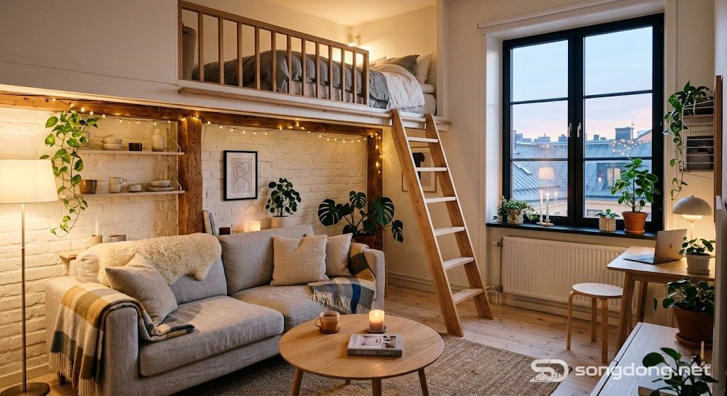 Scandinavian loft apartment, nordic small room design, cozy modern interior
