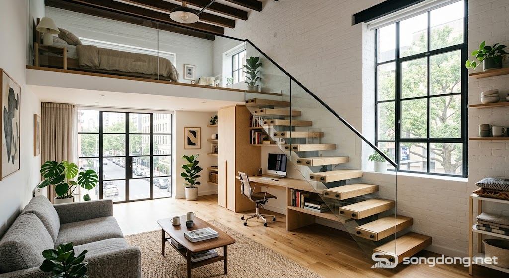 Thiết kế cầu thang phòng gác xép hiện đại, nội thất căn hộ nhỏ đầy phong cách