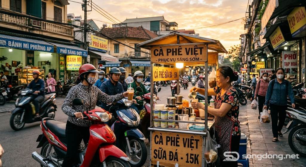 Xe cà phê ven đường tấp nập khách