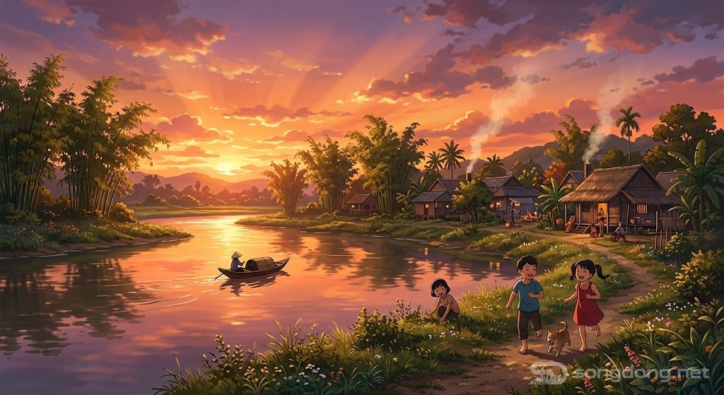 Chiều thu bên dòng sông quê