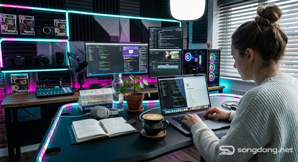 Không gian làm việc dành cho người sáng tạo nội dung, ánh sáng RGB, cách bố trí bàn làm việc của người sáng tạo hiện đại, không khí studio
