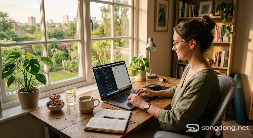 Không gian làm việc năng suất, cà phê, máy tính xách tay, ánh nắng ấm áp, không khí năng suất yên bình