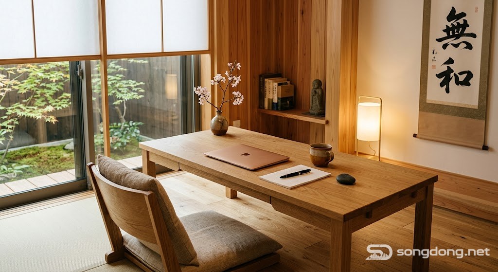 Không gian làm việc tối giản kiểu Nhật, bố trí bàn làm việc kiểu Zen, nội thất gỗ ấm áp, bầu không khí yên bình