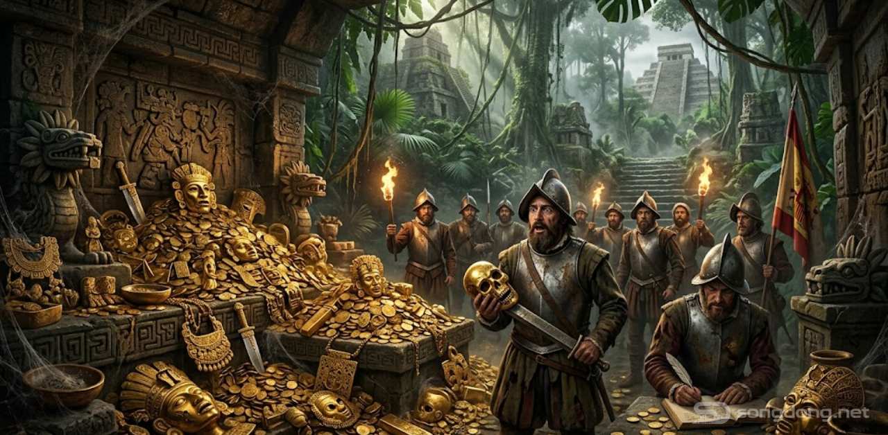 Những người chinh phục Tây Ban Nha khám phá kho báu vàng khổng lồ của người Aztec, những ngôi đền cổ